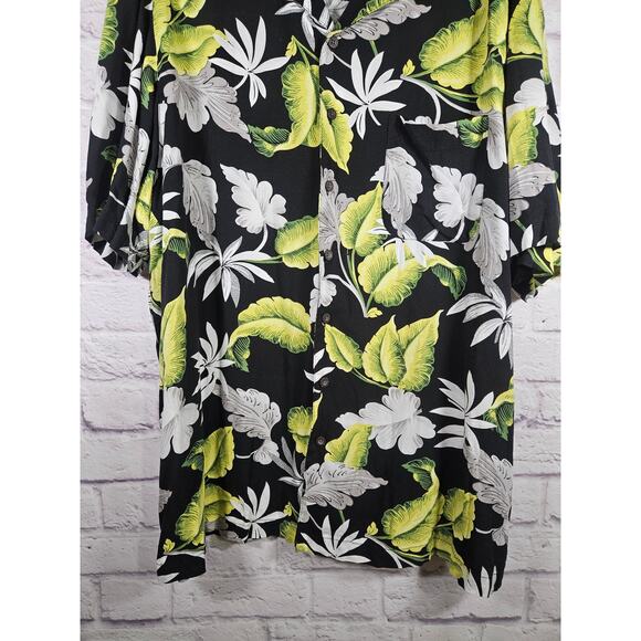 GEORGE 90s Green Black Hibiscus Hawaiian Floral Button Down Men's Shirt 2XL - Picture 3 of 6